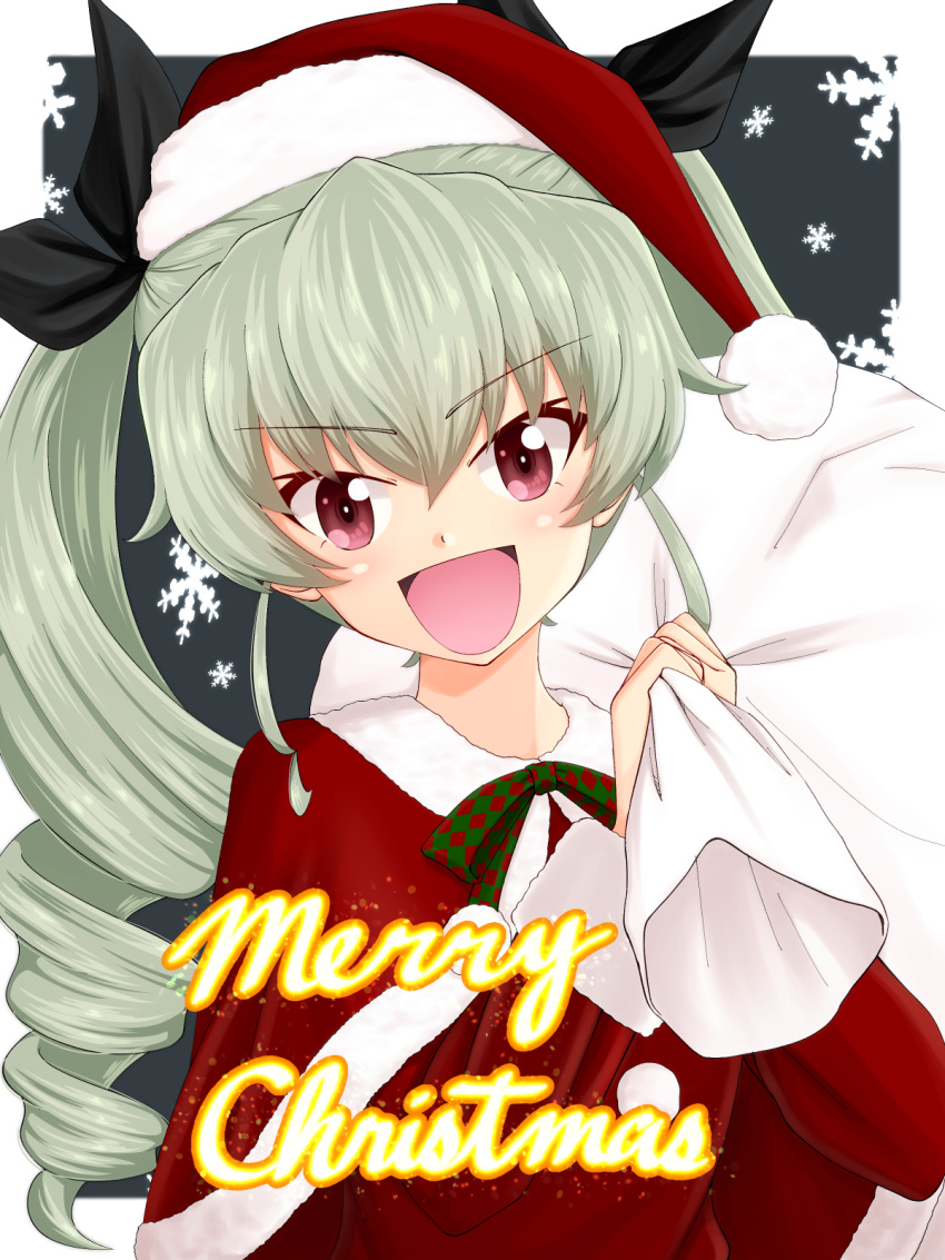 1girl :d anchovy bangs black_ribbon bow bowtie capelet commentary cursive dress drill_hair english_text eyebrows_visible_through_hair fur_trim girls_und_panzer green_hair green_neckwear hair_ribbon hat head_tilt highres holding holding_sack long_hair long_sleeves looking_at_viewer multicolored_neckwear open_mouth over_shoulder oversized_object pepperoni_(girls_und_panzer) red_capelet red_dress red_eyes red_hat red_neckwear ribbon ruka_(piyopiyopu) sack santa_costume santa_hat smile snowflake_print solo sparkle twin_drills twintails