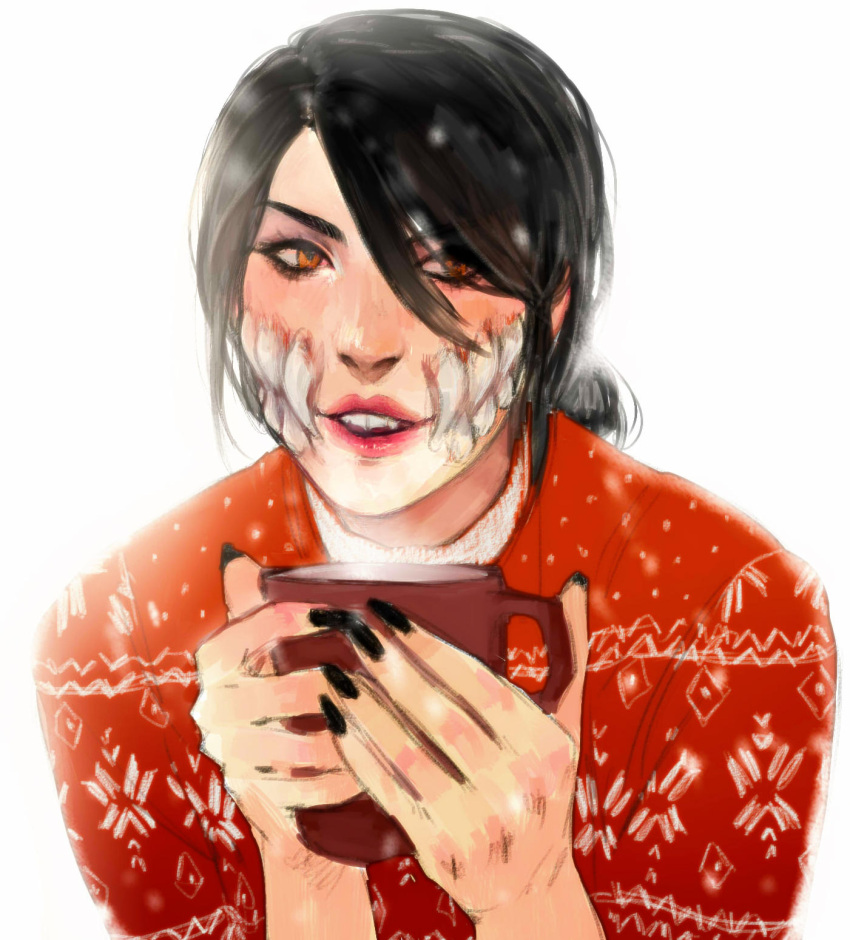 1girl alternate_hairstyle black_hair black_nails brown_eyes casual christmas christmas_sweater coffee_mug commentary cup english_commentary extra_teeth eyelashes hair_bun hair_over_one_eye highres lips lipstick looking_at_viewer makeup mileena monster_girl mortal_kombat mug nail_polish nose parted_lips portrait red_sweater rgbvscb sharp_teeth solo sweater teeth white_background