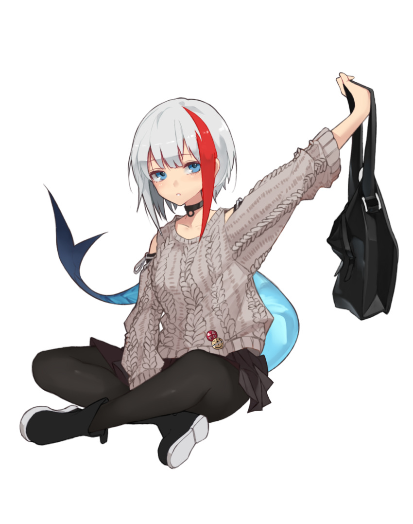 1girl admiral_graf_spee_(azur_lane) azur_lane badge bag bare_shoulders black_legwear blue_eyes boots button_badge choker commentary eyebrows_visible_through_hair grey_hair highres holding holding_bag legs_crossed looking_at_viewer multicolored_hair page'as pantyhose pleated_skirt shark_tail short_hair simple_background sitting skirt solo streaked_hair sweater white_background
