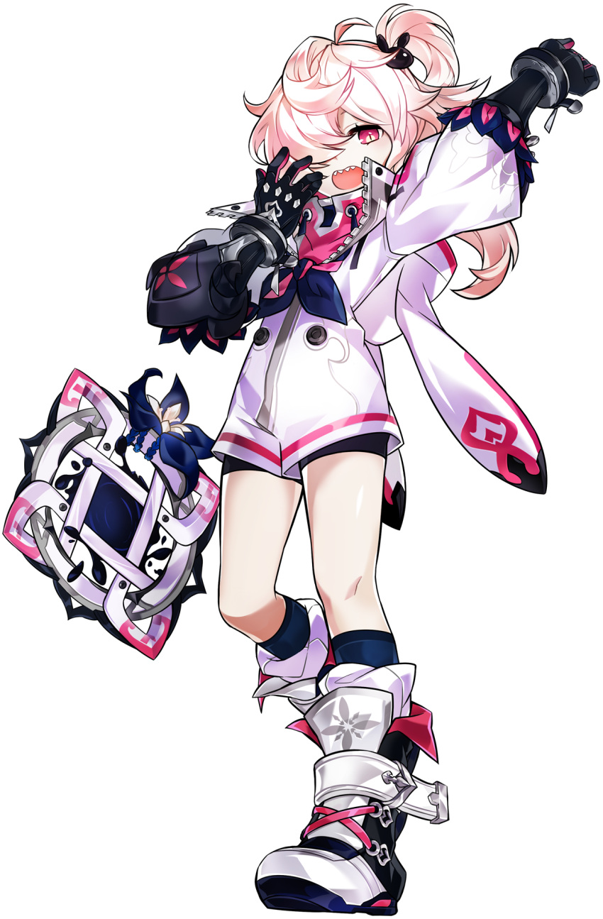 1girl :o arm_up artist_request bike_shorts black_footwear black_gloves black_legwear black_shorts boots elsword full_body gloves hair_over_one_eye highres kneehighs laby_(elsword) long_hair looking_at_viewer mirror official_art open_mouth pink_eyes rumble_pumn_(elsword) sharp_teeth shorts side_ponytail solo standing standing_on_one_leg teeth white_coat white_hair zipper