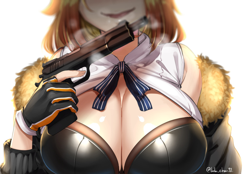1girl absurdres bare_shoulders black_jacket blue_ribbon blurry breasts breath brown_hair cleavage depth_of_field evil_smile facing_viewer fingerless_gloves fur-trimmed_jacket fur_trim girls_frontline gloves grizzly_mkv_(girls_frontline) gun handgun head_out_of_frame highres holding holding_gun holding_weapon jacket large_breasts long_sleeves lulu-chan92 off_shoulder ribbon shirt short_hair smile smoke solo weapon white_shirt
