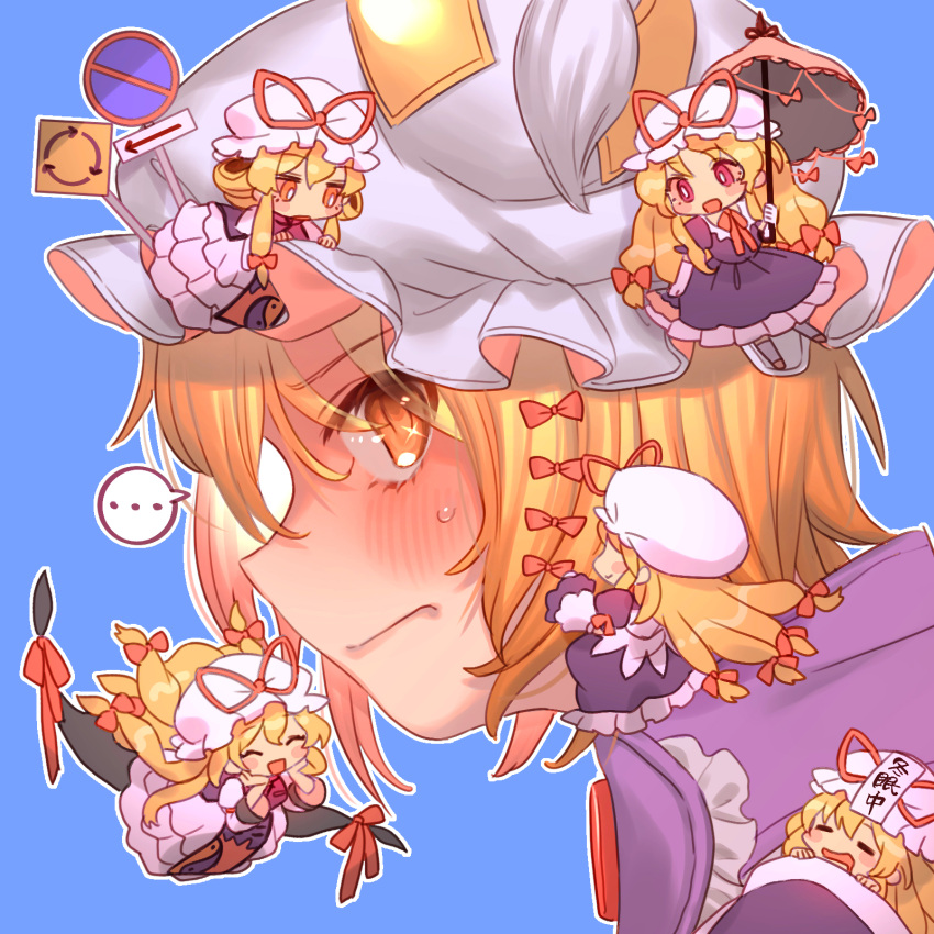 ... 6+girls blonde_hair blue_background blush_stickers bow bright_pupils closed_eyes closed_mouth commentary_request dress gap gloves hair_bow hat hat_ribbon highres holding holding_umbrella long_hair masanaga_(tsukasa) minigirl mob_cap multiple_girls multiple_persona pillow_hat pink_eyes profile purple_dress red_bow red_ribbon ribbon road_sign short_hair sidelocks sign simple_background spoken_ellipsis sweatdrop tassel touhou umbrella white_dress white_gloves white_hat yakumo_ran yakumo_yukari yellow_eyes