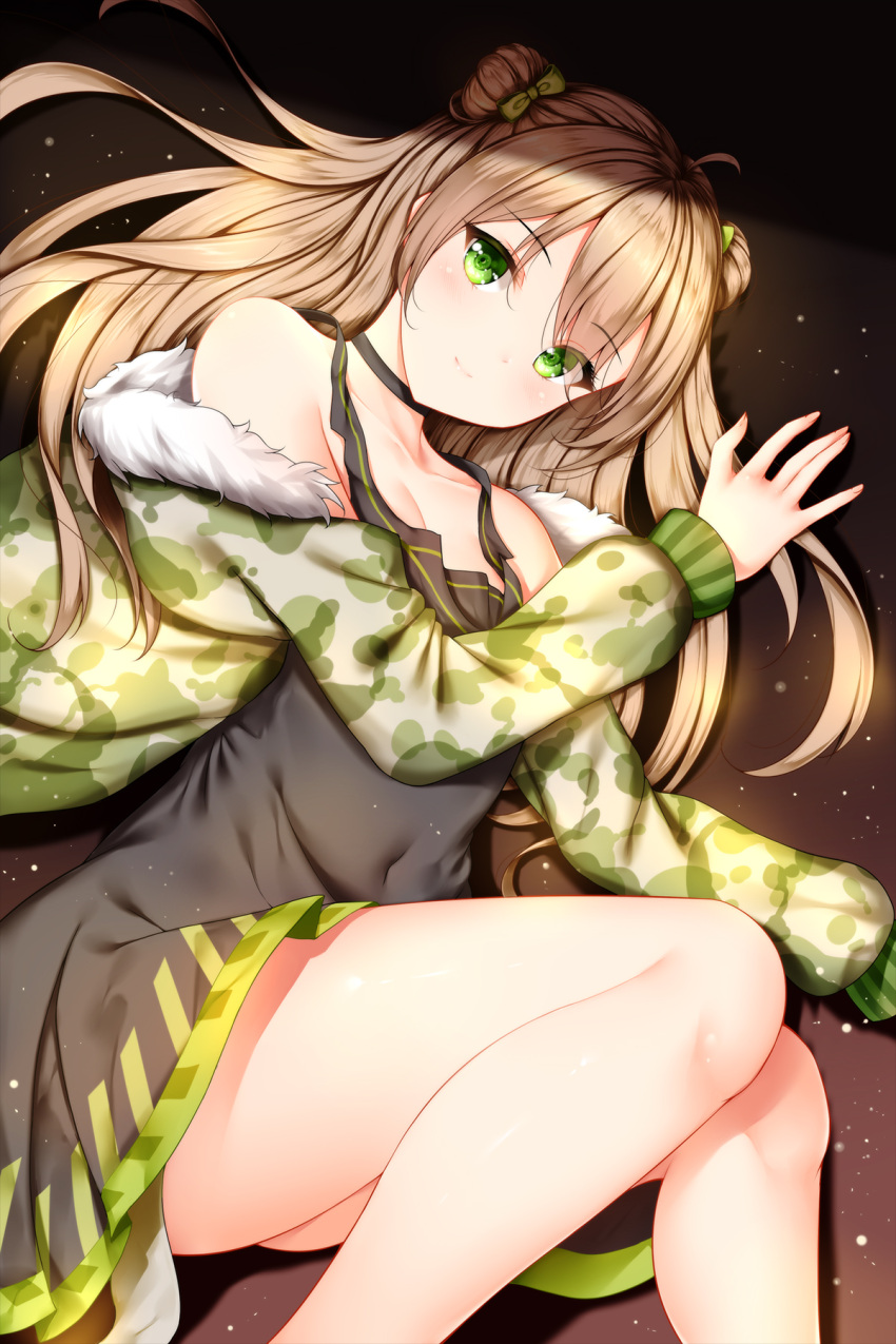 1girl ahoge bangs bare_legs bare_shoulders blush bow breasts brown_hair camouflage_jacket choker cleavage collarbone covered_navel double_bun dress eyebrows_visible_through_hair fur_trim girls_frontline green_eyes hair_between_eyes hair_bow highres jacket light_particles long_hair looking_at_viewer lying medium_breasts on_side rfb_(girls_frontline) smile solo thighs wsman