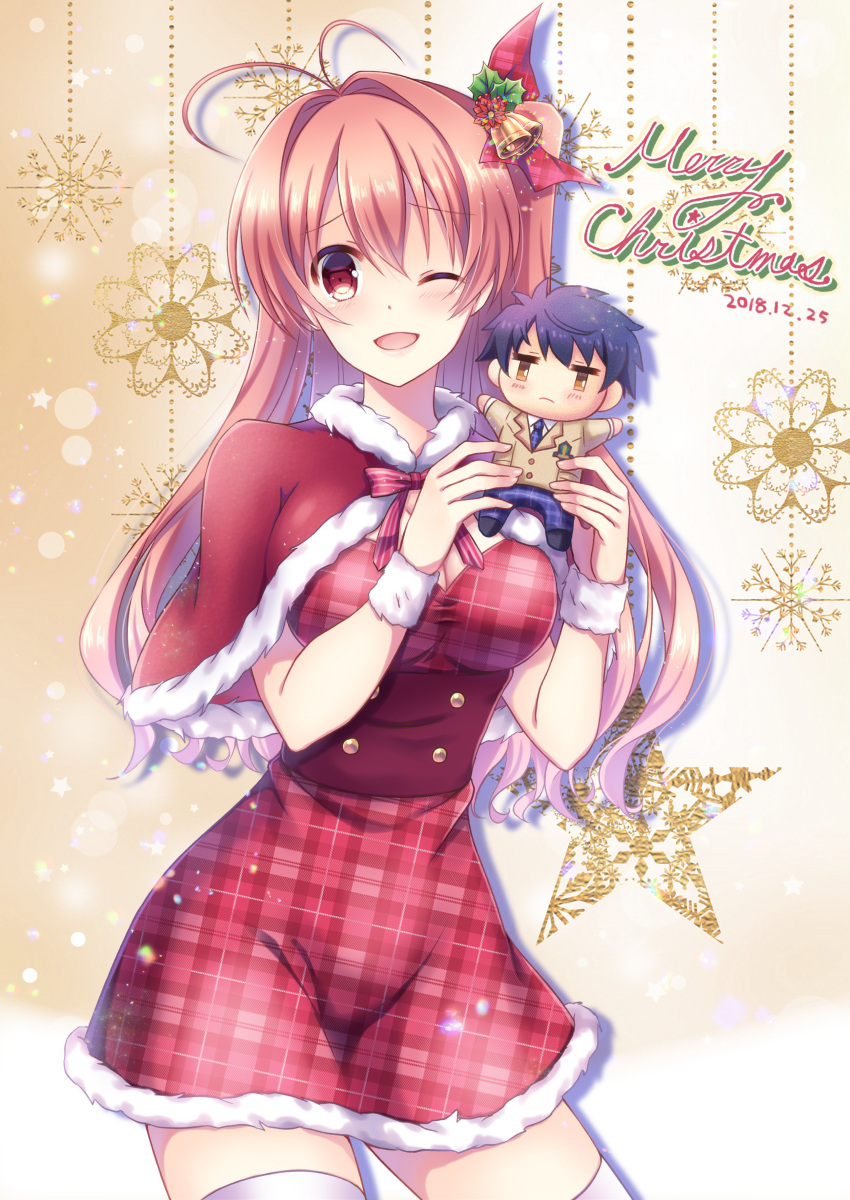 1girl 2018 ;d absurdres antenna_hair bow breasts capelet chaos;head character_doll cleavage cowboy_shot dated dress eyebrows_visible_through_hair fur-trimmed_capelet fur-trimmed_dress fur_trim hair_between_eyes hair_bow highres long_hair medium_breasts merry_christmas neck_ribbon nishijou_myu nishijou_takumi one_eye_closed open_mouth pink_hair red_bow red_capelet red_dress red_eyes red_ribbon ribbon sakihata_rimi shiny shiny_hair short_dress side_ponytail smile solo standing striped striped_ribbon thigh-highs very_long_hair white_legwear