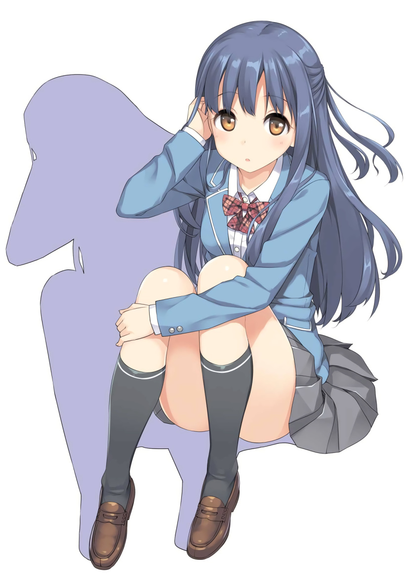 1girl :o arifureta_shokugyou_de_sekai_saikyou bangs black_legwear blazer blue_hair blue_jacket blush bow bowtie breasts brown_eyes brown_footwear collared_shirt convenient_leg drop_shadow eyebrows_visible_through_hair from_above full_body grey_skirt half_updo hand_in_hair hand_up highres jacket kneehighs knees_up loafers long_hair long_sleeves looking_at_viewer medium_breasts miniskirt parted_lips plaid_neckwear pleated_skirt red_neckwear school_uniform shirasaki_kaori shirt shoes sidelocks simple_background sitting skirt solo takayaki tareme white_background white_shirt wing_collar