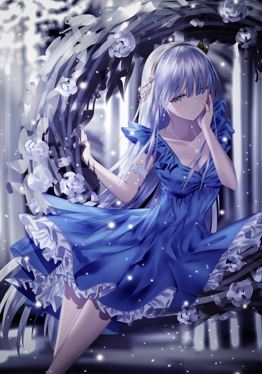 1girl absurdres anastasia_(fate/grand_order) blue_dress blue_eyes breasts cleavage collarbone commentary_request dress fate/grand_order fate_(series) frilled_dress frills hairband hand_on_own_cheek head_tilt highres jewelry junpaku_karen light_smile long_hair looking_at_viewer medium_breasts necklace pinky_ring ring silver_hair sitting snow snowflake_necklace solo very_long_hair yellow_hairband