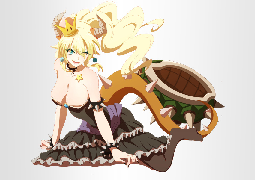 1girl absurdres all_fours bangs bare_shoulders black_collar black_dress black_legwear black_nails blonde_hair blue_eyes bowsette bracelet breasts cleavage collar dress earrings eyes_visible_through_hair floating_hair frilled_dress frills gem hair_between_eyes highres horns huoxing_jiuzai jewelry large_breasts long_hair looking_at_viewer super_mario_bros. nail_polish new_super_mario_bros._u_deluxe nintendo pantyhose pointy_ears sharp_teeth solo spiked_armlet spiked_bracelet spiked_collar spiked_shell spiked_tail spikes strapless strapless_dress super_crown tail teeth turtle_shell very_long_hair