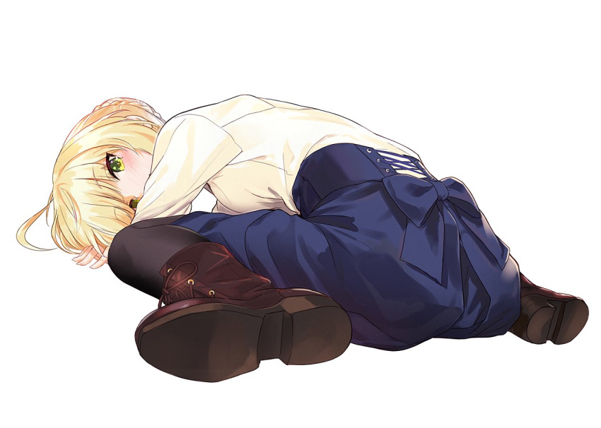 1girl artoria_pendragon_(all) bangs black_legwear blonde_hair blue_skirt blush boots braid breasts eyebrows_visible_through_hair fate/stay_night fate_(series) from_behind green_eyes high-waist_skirt long_skirt long_sleeves looking_at_viewer miruto_netsuki saber shiny shiny_hair sitting skirt small_breasts solo white_background