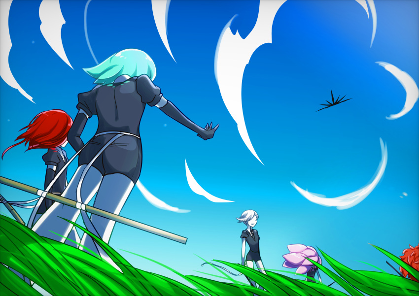 5others absurdres androgynous aqua_hair blue_sky clouds crystal_hair elbow_gloves from_below gem_uniform_(houseki_no_kuni) gloves goshenite_(houseki_no_kuni) grass highres houseki_no_kuni long_hair morganite_(houseki_no_kuni) multiple_others necktie outdoors outstretched_arm padparadscha_(houseki_no_kuni) phosphophyllite pink_hair redhead scenery shinsha_(houseki_no_kuni) short_hair silver_hair sky sword weapon white_hair white_skin