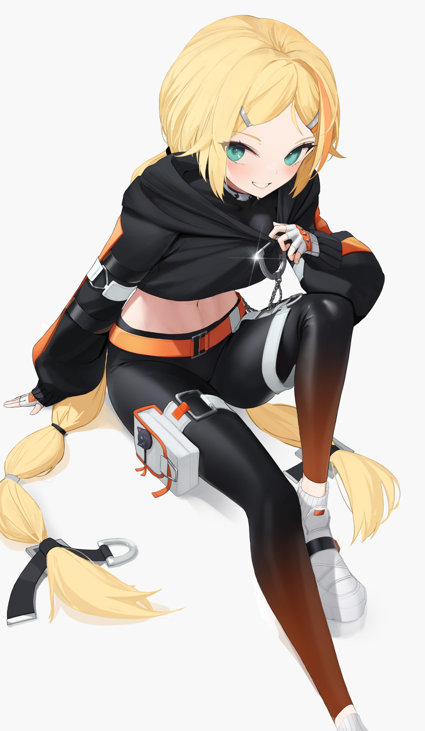 1girl absurdres black_hoodie black_pants black_shirt black_survival blonde_hair blue_eyes breasts chain covered_collarbone cropped_hoodie cropped_shirt eternal_return:_black_survival fingerless_gloves gloves hair_ornament hairclip highres hood hoodie long_hair looking_at_viewer midriff multi-tied_hair navel nicky_blake official_alternate_costume pants shirt simple_background small_breasts smile solo takealook thigh_pouch twintails very_long_hair white_background