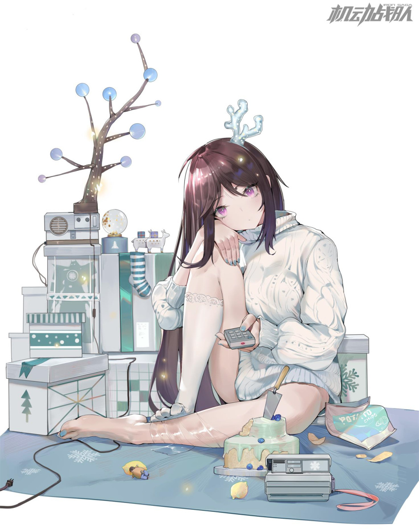 1girl black_hair blue_nails box cake camera chips controller food gift gift_box highres iron_saga knee_to_chest kneehighs long_hair looking_at_viewer nail_polish potato_chips remote_control sitting solo sweater t_lege_d very_long_hair violet_eyes white_legwear