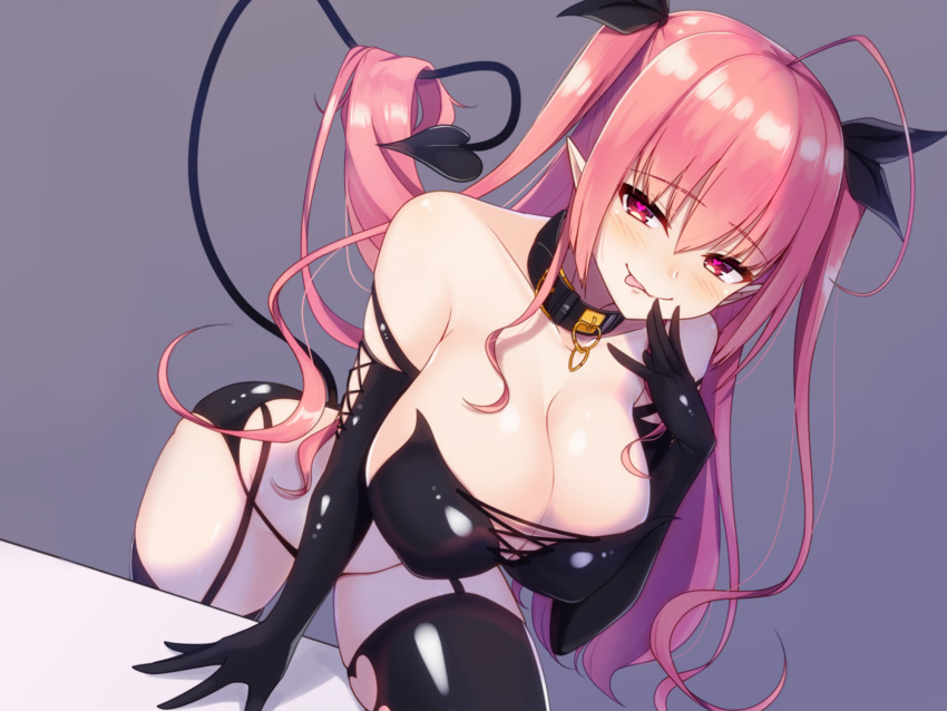 1girl ahoge arm_support bangs bare_shoulders belt_buckle belt_collar black_collar black_gloves black_legwear black_panties black_ribbon blush breasts buckle cleavage collar collarbone demon_girl demon_tail elbow_gloves eyebrows_visible_through_hair gloves hair_between_eyes hair_flowing_over hair_ribbon half-closed_eyes hand_up heart heart-shaped_pupils highres large_breasts licking_lips long_hair looking_at_viewer naughty_face one_knee original panties parted_lips pink_hair pointy_ears ramchi red_eyes ribbon sidelocks signature simple_background smile solo succubus symbol-shaped_pupils tail tail_raised thigh-highs tongue tongue_out twintails two_side_up underwear very_long_hair