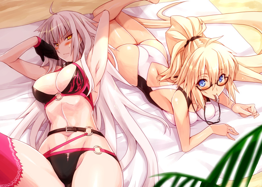 2girls absurdly_long_hair ahoge armpits ass beach beach_towel belt bikini black_bikini black_gloves blonde_hair blue_eyes blush breasts cleavage commentary_request competition_swimsuit fate/grand_order fate_(series) gloves jeanne_d'arc_(alter_swimsuit_berserker) jeanne_d'arc_(fate)_(all) jeanne_d'arc_(swimsuit_archer) large_breasts long_hair lying mouth_hold multiple_girls o-ring o-ring_bikini o-ring_bottom o-ring_top on_back on_stomach one-piece_swimsuit palm_leaf pink_legwear ponytail sakura_nitouhei silver_hair single_thighhigh sweatdrop swimsuit thigh-highs towel very_long_hair whistle whistle_around_neck yellow_eyes