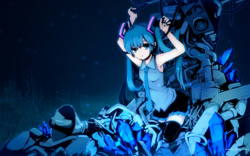 1girl aqua_eyes armpits blue_hair bound bound_arms hatsune_miku highres looking_at_viewer restrained thigh-highs thighs tied_hair vocaloid