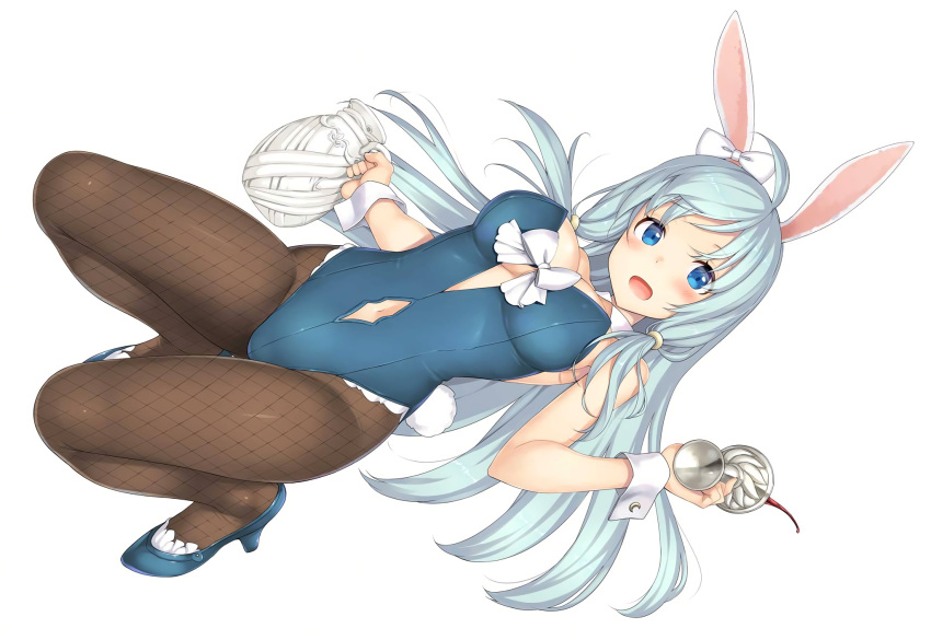 1girl :d ahoge alcohol animal_ears arifureta_shokugyou_de_sekai_saikyou bangs bare_arms bare_shoulders blue_eyes blue_footwear blue_hair blue_leotard blush bow breasts brown_legwear bunny_girl bunnysuit cleavage cup fishnet_pantyhose fishnets floating_hair hair_ornament hand_up head_tilt high_heels highres holding holding_cup large_breasts leotard long_hair looking_at_viewer navel navel_cutout open_mouth pantyhose pitcher rabbit_ears shea_haulia simple_background smile solo takayaki tareme white_background white_bow wine wrist_cuffs