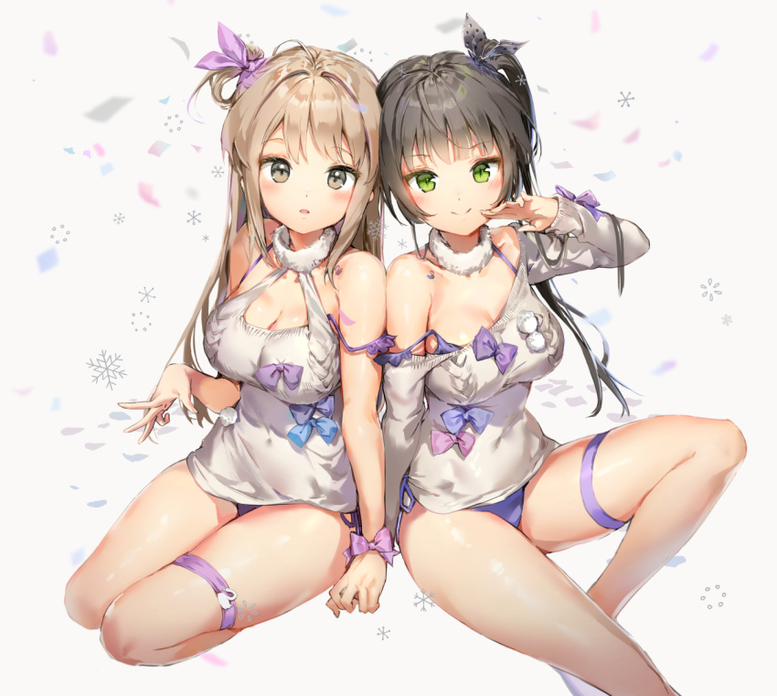 2girls anmi aran_sweater bangs black_hair blue_panties blush breasts brown_eyes cleavage closed_mouth clothes_writing collarbone covered_navel green_eyes hair_between_eyes hair_ornament hair_scrunchie hand_up highres holding_hand large_breasts light_brown_hair long_hair looking_at_viewer medium_breasts midriff multiple_girls one_side_up open_mouth original panties pink_ribbon pleated_skirt purple_ribbon purple_scrunchie ribbon scrunchie side-tie_skirt sidelocks sitting skirt smile sweater thigh_strap underwear wrist_ribbon