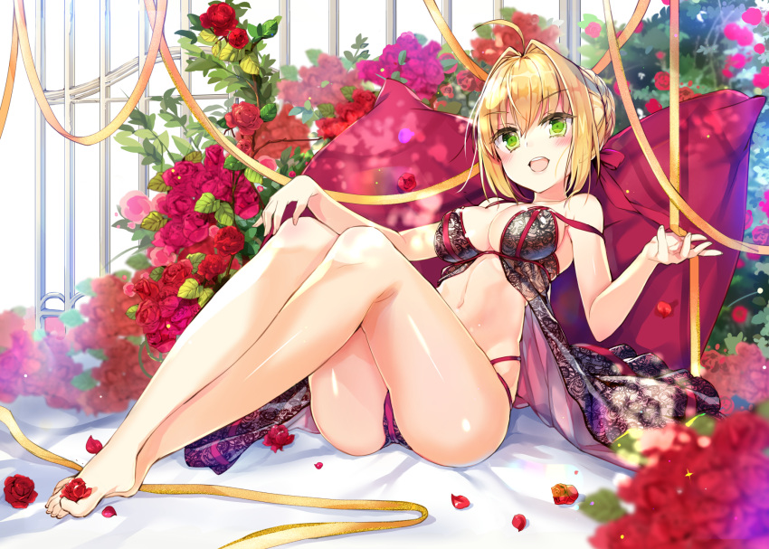1girl :d ahoge babydoll bangs bare_arms bare_legs bare_shoulders barefoot bed_sheet black_babydoll black_panties blonde_hair blurry blurry_foreground blush bow braid breasts cleavage collarbone commentary_request depth_of_field eyebrows_visible_through_hair fate/extra fate_(series) fingernails flower green_eyes hair_between_eyes hair_bow hair_bun hair_intakes hands_up head_tilt highres jin_young-in large_breasts legs multi-strapped_panties navel nero_claudius_(fate) nero_claudius_(fate)_(all) open_mouth panties petals pillow red_bow red_flower red_rose ribbon rose rose_petals sidelocks sitting smile solo toenails underwear underwear_only white_background yellow_ribbon