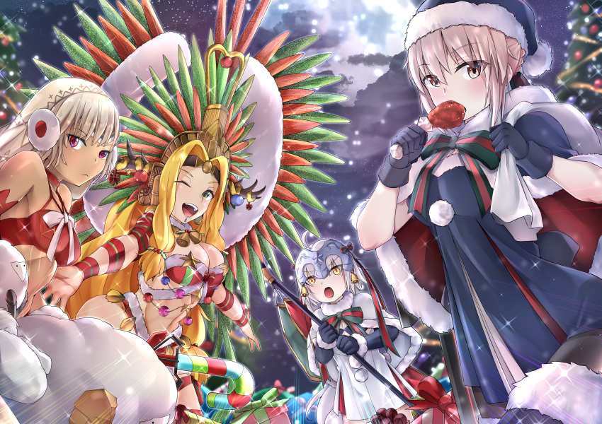 207loz 4girls :d :o absurdres ahoge altera_(fate) altera_the_santa artoria_pendragon_(all) bell bikini black_dress black_santa_costume blonde_hair box breasts candy candy_cane capelet christmas christmas_tree cleavage commentary_request dark_skin dress earmuffs elbow_gloves facial_mark fate/grand_order fate_(series) food frown fur-trimmed_capelet fur_trim gift gift_box gloves green_eyes hat headdress headpiece highres huge_filesize jeanne_d'arc_(fate)_(all) jeanne_d'arc_alter_santa_lily large_breasts long_hair looking_at_viewer multiple_girls night one_eye_closed open_mouth pale_skin quetzalcoatl_(samba_santa)_(fate) red_bikini red_eyes santa_alter santa_costume santa_hat short_hair silver_hair smile snow star swimsuit very_long_hair yellow_eyes