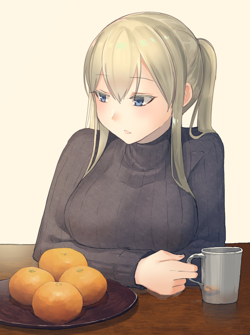 1girl alternate_costume blonde_hair blue_eyes commentary_request cup food fruit graf_zeppelin_(kantai_collection) grey_sweater hair_between_eyes highres kantai_collection looking_to_the_side mandarin_orange masukuza_j mug orange plate ribbed_sweater sidelocks simple_background solo sweater table tsurime twintails upper_body white_background