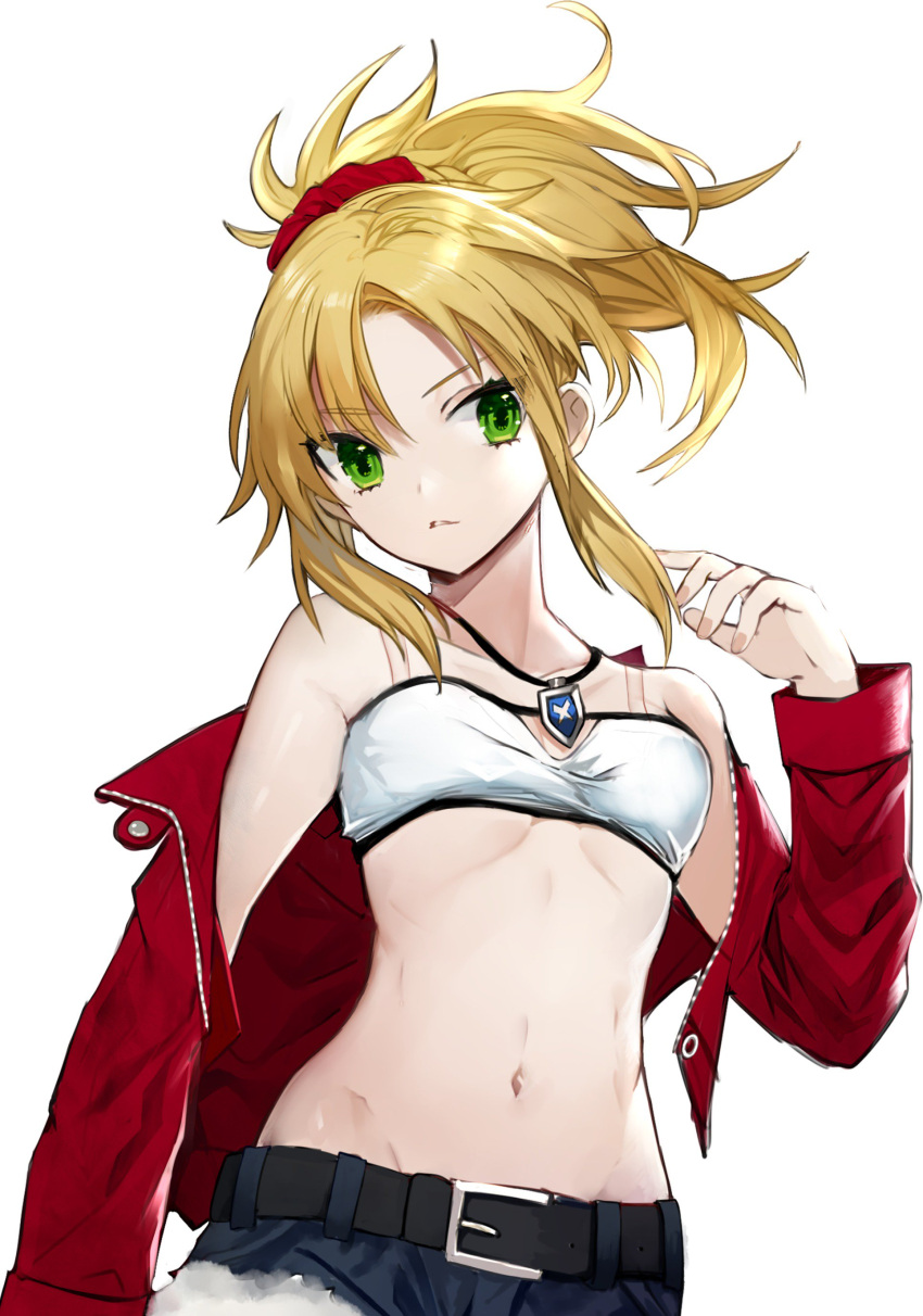 1girl absurdres bandeau bangs bare_shoulders belt blonde_hair breasts collarbone commentary_request cowboy_shot cutoffs daimaou_ruaeru denim denim_shorts eyebrows_visible_through_hair fate/apocrypha fate_(series) fingernails green_eyes groin hair_between_eyes hair_ornament hair_scrunchie hand_up head_tilt highres jacket jewelry long_sleeves looking_at_viewer medium_breasts midriff mordred_(fate) mordred_(fate)_(all) navel off_shoulder open_clothes open_jacket parted_lips pendant red_jacket red_scrunchie scrunchie short_ponytail short_shorts shorts sidelocks simple_background solo stomach v-shaped_eyebrows white_background