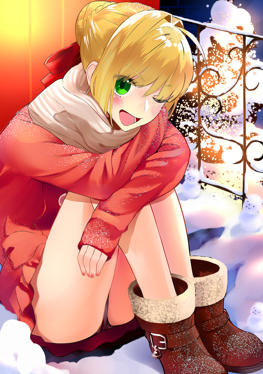 1girl ;d absurdres bangs blonde_hair blush boots bow braid brown_footwear brown_panties commentary_request crossed_arms eyebrows_visible_through_hair fate/extra fate_(series) fence fingernails green_eyes hair_between_eyes hair_bow hair_bun highres jacket long_sleeves nero_claudius_(fate) nero_claudius_(fate)_(all) one_eye_closed open_mouth panties red_bow red_jacket sleeves_past_wrists smile snow snowman solo torimahera underwear