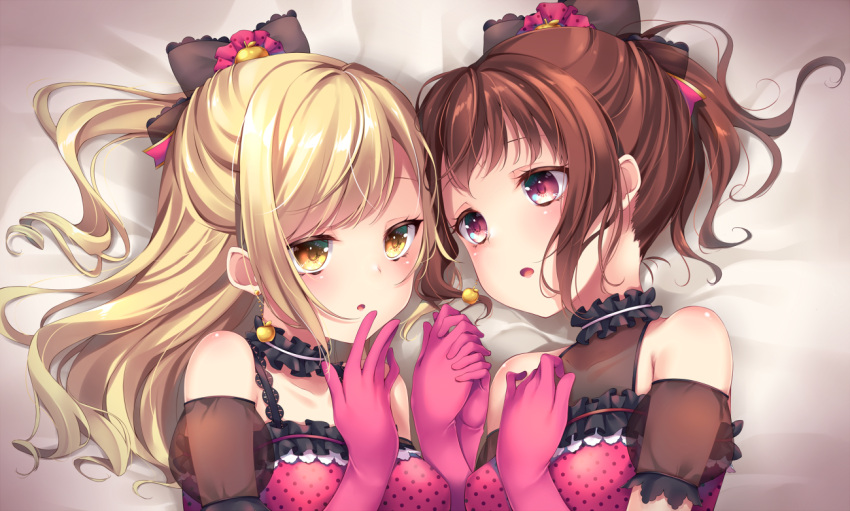 2girls :o alternate_hairstyle bang_dream! bangs bed_sheet black_bow blonde_hair bow brown_eyes brown_hair chiyonekoko choker detached_sleeves earrings frilled_choker frills gloves hair_bow half_updo halterneck hand_holding hand_on_own_chest hand_to_own_mouth ichigaya_arisa jewelry long_hair looking_at_another multiple_girls pink_gloves ponytail romeo_to_cinderella_(vocaloid) short_sleeves sidelocks toyama_kasumi upper_body yellow_eyes yuri