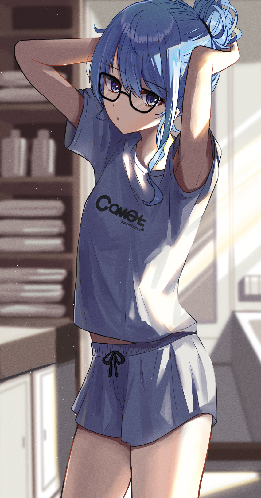 1girl absurdres alternate_hairstyle armpits arms_behind_head arms_up asymmetrical_hair bangs bathroom blue_eyes blue_hair boyshort_panties casual comic_lo commentary cowboy_shot drawstring english_text eyebrows_visible_through_hair glasses hair_bun highres hololive hoshimachi_suisei long_hair looking_at_viewer midriff_peek mirror navel open_mouth parted_lips shirt short_shorts shorts sleepwear solo star_(symbol) star_in_eye symbol_in_eye t-shirt tagosaku_(tatsukiuma0329) virtual_youtuber