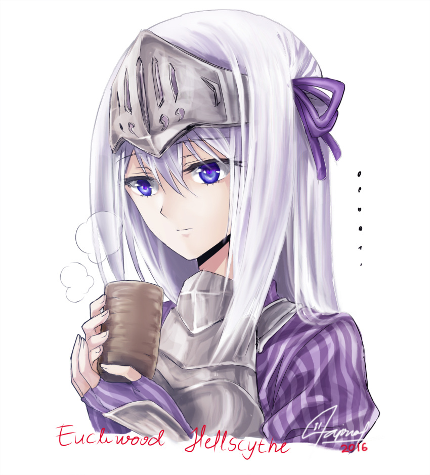 1girl blue_eyes breastplate cup eucliwood_hellscythe eyebrows_visible_through_hair fingerless_gloves gloves hair_between_eyes hair_ribbon headpiece highres holding holding_cup kore_wa_zombie_desu_ka? long_hair looking_down portrait purple_gloves purple_ribbon purple_shirt ribbon shirt silver_hair solo steam striped striped_gloves striped_shirt suprii