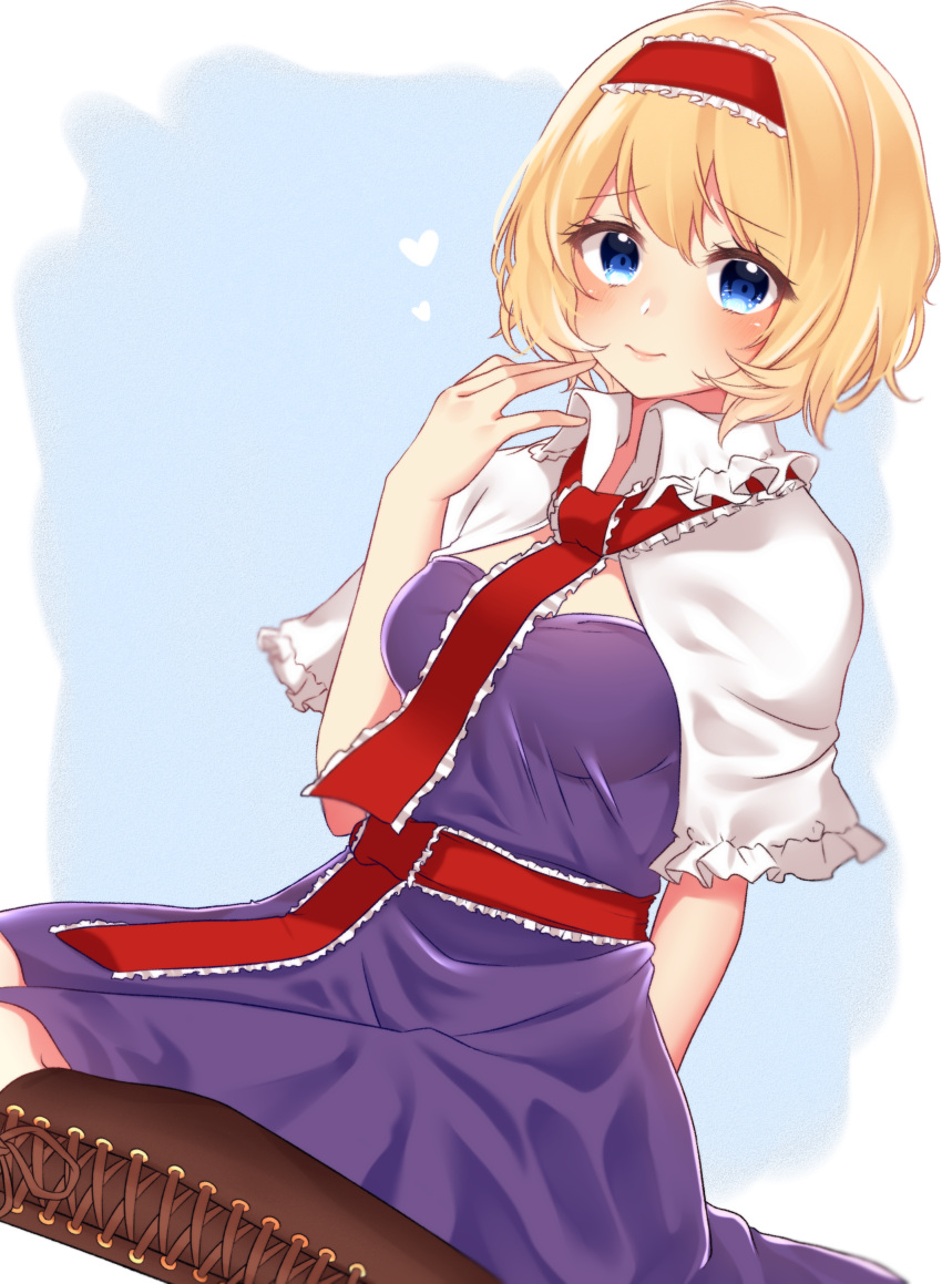 1girl absurdres alice_margatroid bangs blonde_hair blue_background blue_dress blue_eyes blush border breasts brown_footwear capelet commentary_request cross-laced_footwear dress eyebrows_visible_through_hair feet_out_of_frame frilled_hairband frills hair_between_eyes hairband hand_up heart highres lolita_hairband looking_at_viewer medium_breasts outside_border red_hairband red_neckwear red_sash sash shiki_(s1k1xxx) short_hair sitting smile solo touhou wariza white_border white_capelet wing_collar