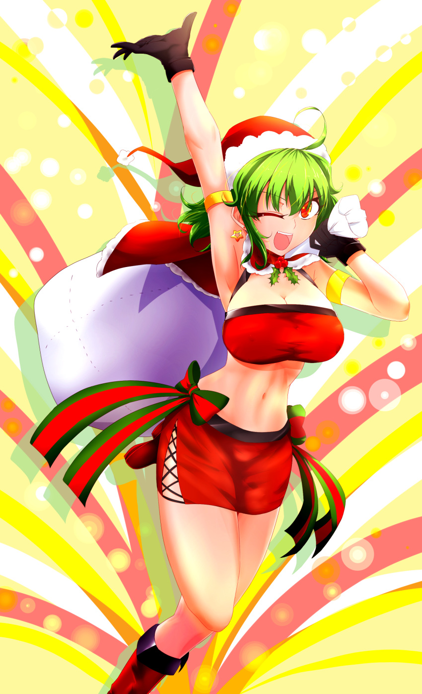 1girl ;d absurdres ahoge alternate_costume arm_up armlet armpits bandeau bangs bare_arms bare_shoulders black_gloves boots bow breasts capelet cleavage commentary_request earrings eyebrows_visible_through_hair eyelashes feet_out_of_frame gloves green_bow green_hair hair_between_eyes hand_up hat highres holding holding_sack itocoh jewelry kazami_yuuka large_breasts leg_up looking_at_viewer midriff miniskirt mistletoe navel one_eye_closed open_mouth pencil_skirt red_bow red_capelet red_eyes red_footwear red_skirt sack santa_costume santa_hat short_hair side_slit silhouette skirt smile solo star star_earrings stomach striped striped_bow thighs touhou v-shaped_eyebrows