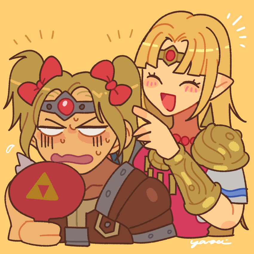 1boy 1girl armor belt blonde_hair blush castlevania closed_eyes dress gloves highres jewelry long_hair muscle nintendo open_mouth princess_zelda simon_belmondo simple_background smile super_smash_bros. super_smash_bros._ultimate the_legend_of_zelda the_legend_of_zelda:_a_link_between_worlds twintails yasaikakiage