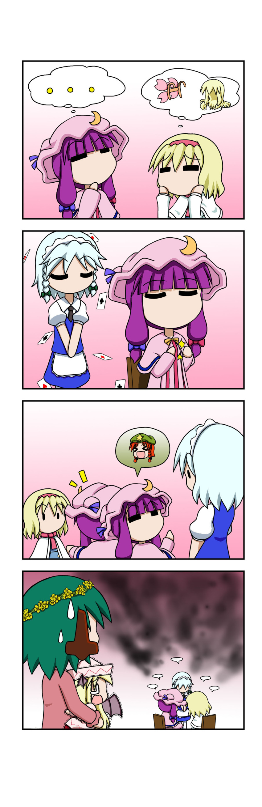 &gt;_&lt; ... 4koma 5girls =_= absurdres alice_margatroid animal_ears apron bangs bat_wings black_neckwear blonde_hair blue_dress blue_skirt blue_vest blunt_bangs braid capelet card comic cosplay crescent crescent_hair_ornament darkness dress eyebrows_visible_through_hair fairy_wings fake_wings flat_cap flower green_hair hair_ornament hat head_wings head_wreath highres holding_person hong_meiling izayoi_sakuya kasodani_kyouko koakuma lily_white lily_white_(cosplay) long_hair long_sleeves maid_headdress mob_cap multiple_girls necktie o_o patchouli_knowledge pink_robe playing_card puffy_short_sleeves puffy_sleeves purple_hair rakugaki-biyori rapeseed_blossoms redhead shirt short_hair short_sleeves silent_comic silver_hair skirt solid_oval_eyes speech_bubble spoken_object spoken_person star striped striped_dress sweatdrop tears thought_bubble touhou trembling twin_braids vest waist_apron white_capelet white_shirt wig wings