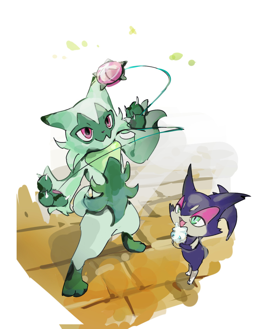 :d closed_mouth commentary day floragato food green_eyes highres ice_cream looking_up maumaujanken no_humans open_mouth outdoors pink_eyes pokemon pokemon_(creature) purrloin smile standing yo-yo