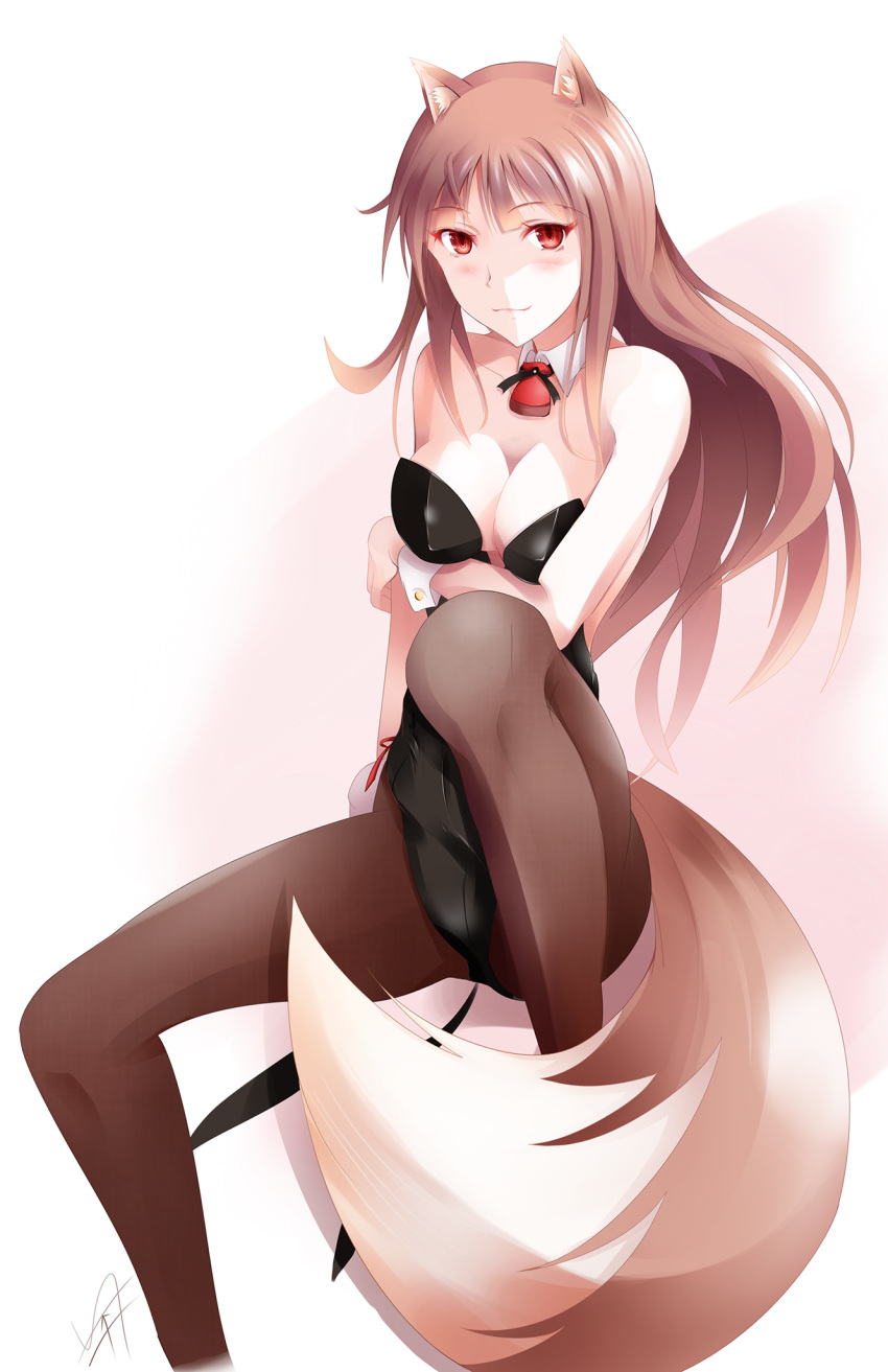 1girl animal_ears bare_shoulders blush breast_hold breasts brown_hair bunnysuit detached_collar fox_tail fudo_shin highres holo leotard long_hair medium_breasts pantyhose red_eyes sitting solo spice_and_wolf tail wolf_ears wrist_cuffs