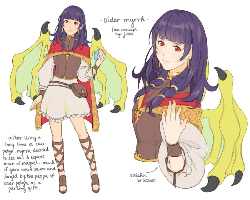 1girl cape dragon_girl dragon_wings dress english_text fire_emblem fire_emblem:_seima_no_kouseki fire_emblem_heroes full_body highres jivke long_hair looking_at_viewer mamkute multi-tied_hair myrrh nintendo older purple_hair red_eyes sandals simple_background smile solo twintails white_background wings