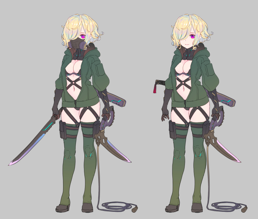 1girl absurdres bangs blonde_hair blush boots breasts cleavage closed_mouth gas_mask green_footwear green_jacket green_legwear grey_background hair_over_one_eye highres holding holding_sword holding_weapon hood hood_down hooded_jacket jacket looking_at_viewer medium_breasts multiple_views nagisa_kurousagi navel open_clothes open_jacket original sheath sheathed simple_background smile standing sword thigh-highs thigh_boots unsheathed violet_eyes weapon