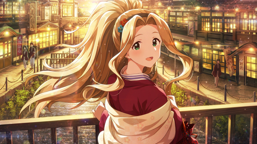 blush brown_hair dress green_eyes idolmaster idolmaster_million_live! idolmaster_million_live!_theater_days long_hair nikaido_chizuru ponytail