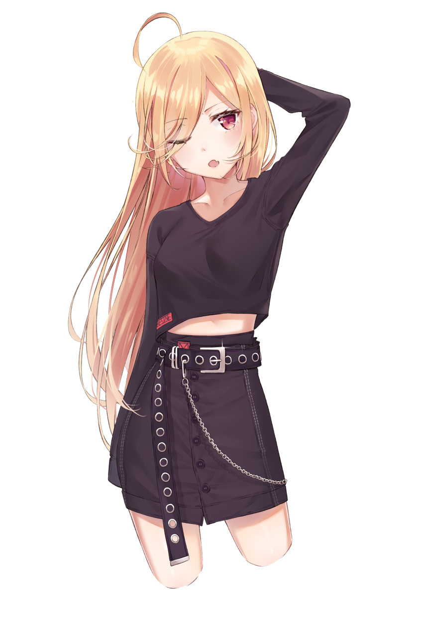 1girl ;o absurdres ahoge arm_behind_head arm_up bangs belt black_skirt blonde_hair breasts chains collarbone crop_top crop_top_overhang cropped_legs eyebrows_visible_through_hair fang glint hair_over_one_eye head_tilt high-waist_skirt highres long_hair long_sleeves looking_at_viewer medium_breasts midriff_peek momingie one_eye_closed open_mouth original pencil_skirt red_eyes sidelocks simple_background skirt sleeves_past_fingers sleeves_past_wrists solo thighs white_background