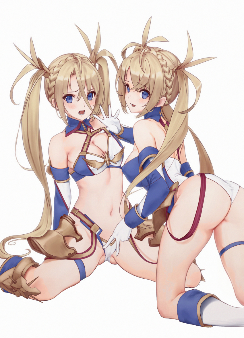 2girls absurdres armor ass bare_shoulders bikini_armor blonde_hair blue_eyes blush boots bradamante_(fate/grand_order) braid breasts cleavage clone criss-cross_halter crown_braid elbow_gloves fate/grand_order fate_(series) faulds feet_out_of_frame gloves gluteal_fold groin hair_between_eyes halterneck hand_gesture highleg highres knee_boots long_hair looking_at_viewer medium_breasts multiple_girls navel new970 open_mouth sidelocks simple_background sitting thigh_strap twintails v wariza white_background white_gloves