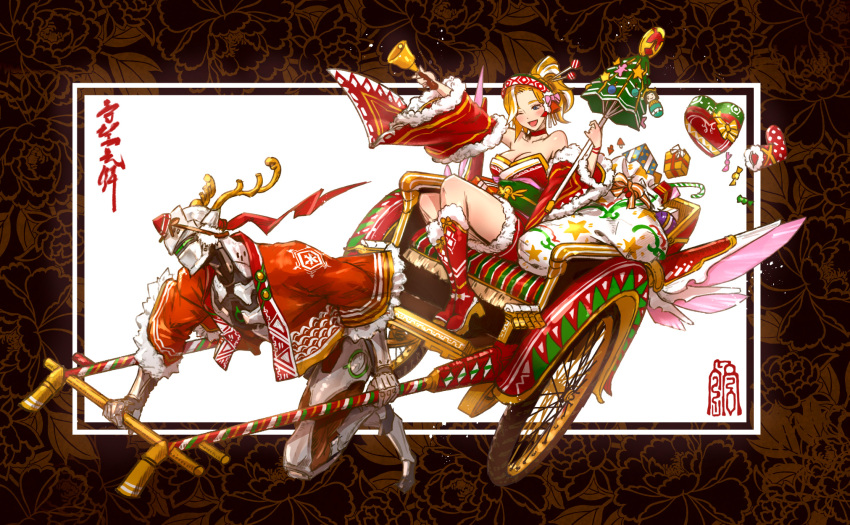 1boy 1girl antlers bag bare_shoulders bell blonde_hair blush boots box breasts candy candy_cane chariot christmas cleavage collarbone commentary_request cyborg detached_sleeves earmuffs food forehead_protector frame full_body fur_trim genji_(overwatch) gift gift_box hair_ornament hair_stick heart-shaped_box helmet high_ponytail highres holding japanese_clothes kaburagi_yasutaka kimono knee_boots legs_together mask mechanical_halo medium_breasts medium_hair mercy_(overwatch) no_wings obi one_eye_closed open_mouth overwatch parasol sash short_kimono simple_background sitting smile translated umbrella white_background wide_sleeves