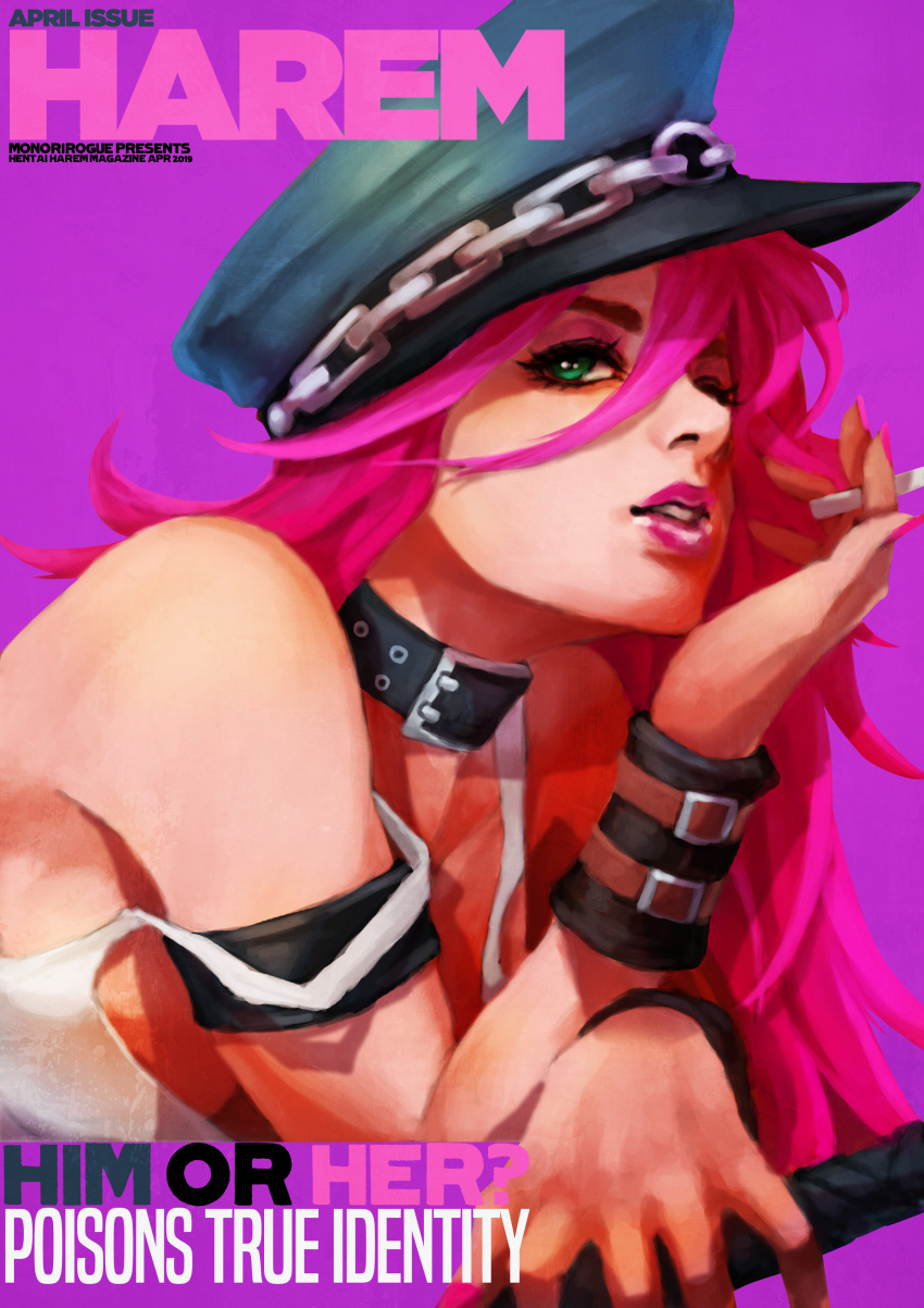1girl absurdres april armband bracer breasts cigarette close-up collar commentary cover english_commentary eyelashes final_fight green_eyes hair_between_eyes hat highres lipstick magazine_cover makeup medium_breasts monori_rogue nail_polish nose one_eye_closed peaked_cap pink_hair pink_lipstick pink_nails poison_(final_fight) purple_background riding_crop sideboob solo strap_slip tank_top