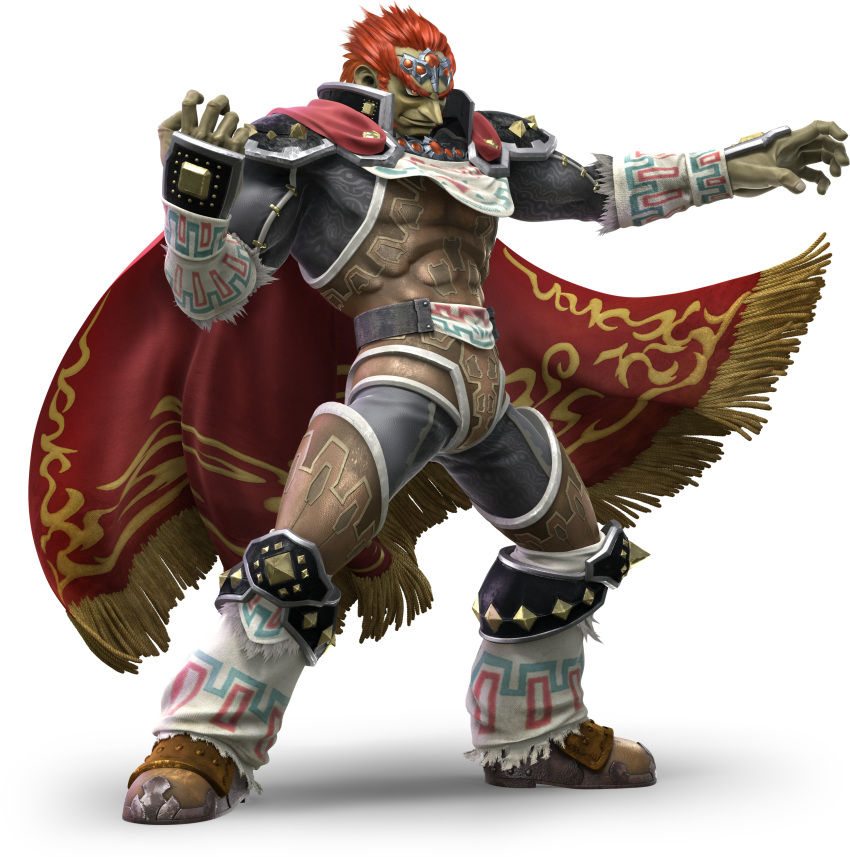 1boy absurdres armor cape dark_skin earrings full_body ganondorf gerudo highres jewelry male_focus nintendo official_art pointy_ears redhead short_hair simple_background smile solo super_smash_bros. super_smash_bros._ultimate the_legend_of_zelda the_legend_of_zelda:_ocarina_of_time white_background