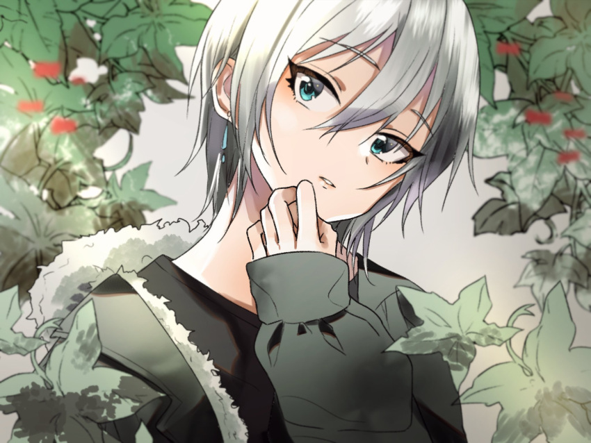 1girl anastasia_(idolmaster) black_shirt blue_eyes grey_coat head_tilt highres idolmaster idolmaster_cinderella_girls looking_at_viewer mek_number parted_lips portrait shirt short_hair silver_hair solo