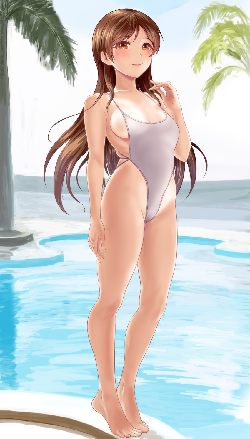 1girl absurdres bangs bare_shoulders barefoot blush breasts brown_eyes brown_hair cleavage closed_mouth collarbone feet full_body highleg highleg_swimsuit highres idolmaster idolmaster_cinderella_girls legs long_hair looking_at_viewer medium_breasts nitta_minami one-piece_swimsuit palm_tree pool sideboob smile solo swimsuit taka_(takahirokun) thighs tree white_swimsuit