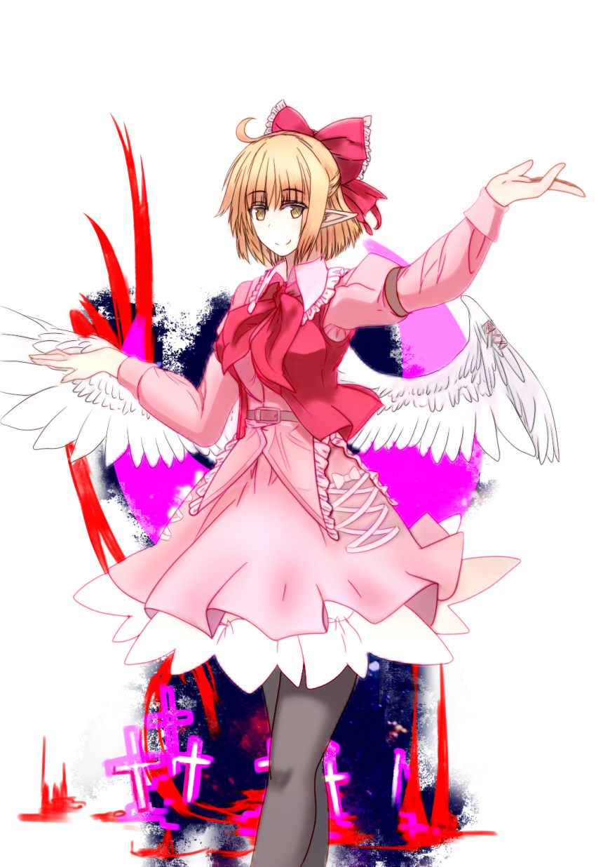 1girl arm_up armband ascot belt belt_buckle blonde_hair blouse bow buckle crescent cross eyebrows_visible_through_hair feathered_wings feet_out_of_frame frilled_shirt_collar frills gengetsu gradient gradient_background grey_legwear hair_bow highres juliet_sleeves long_sleeves looking_at_viewer outstretched_arm pantyhose pink_blouse pink_skirt pointy_ears puffy_sleeves red_neckwear red_vest short_hair skirt skirt_set smile solo standing tk31 touhou touhou_(pc-98) vest white_background white_wings wings yellow_eyes