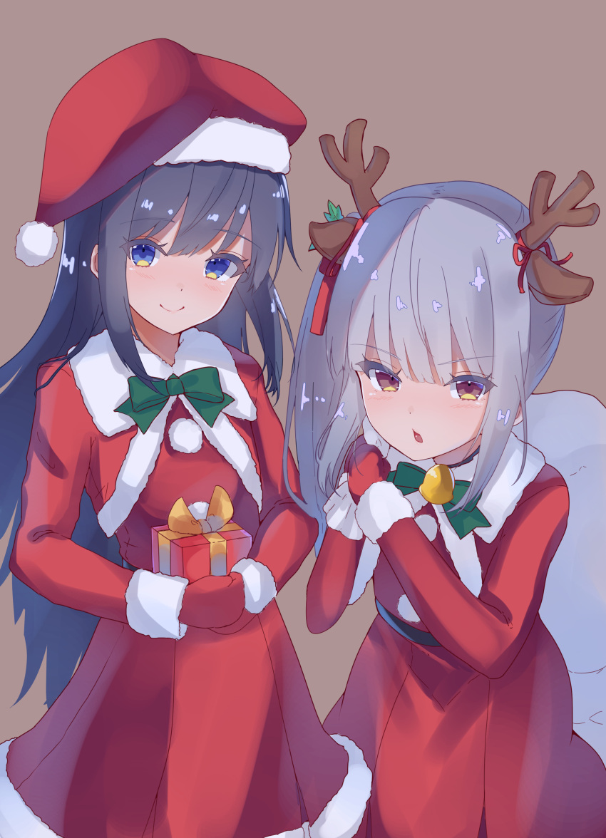 2girls absurdres animal_ears asashio_(kantai_collection) bag bell belt black_hair blue_eyes box brown_background brown_eyes dress eyebrows_visible_through_hair fake_animal_ears fake_antlers gift gift_box gloves grey_hair hat highres holding holding_bag holding_box holding_gift jingle_bell kantai_collection kasumi_(kantai_collection) long_hair long_sleeves looking_at_viewer multiple_girls neck_bell open_mouth red_dress red_gloves santa_costume santa_dress santa_hat side_ponytail simple_background smile tetora_pod