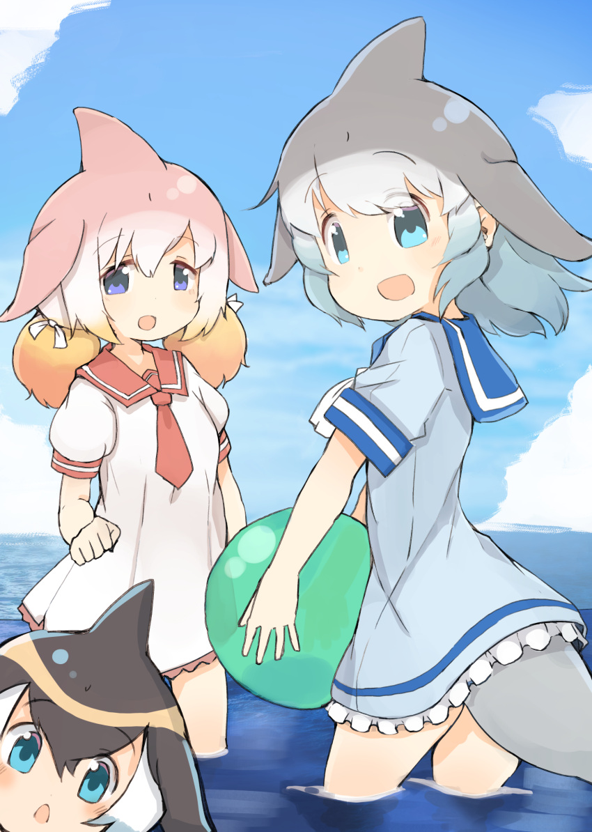 3girls :d :o ball black_hair blue_eyes blue_hair blue_sailor_collar blue_sky chinese_white_dolphin_(kemono_friends) common_bottlenose_dolphin_(kemono_friends) common_dolphin_(kemono_friends) day dolphin_tail dress eyebrows_visible_through_hair eyes_visible_through_hair frilled_dress frills grey_hair highres holding kemono_friends looking_at_viewer multicolored_hair multiple_girls necktie open_mouth orange_hair outdoors pink_hair puffy_short_sleeves puffy_sleeves red_neckwear red_sailor_collar sailor_collar sailor_dress short_sleeves sky smile tail teranekosu violet_eyes wading water