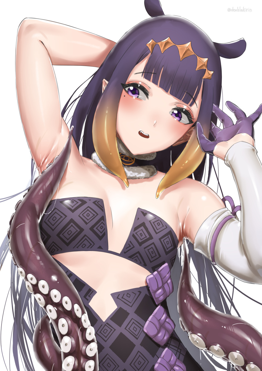 1girl absurdres animal_ears arm_behind_head arm_up armpits bangs black_dress breasts commentary commission detached_sleeves dress english_commentary eyebrows_visible_through_hair gloves gradient_hair half_gloves hand_up highres hololive hololive_english kirinkirin long_hair looking_at_viewer mole mole_under_eye multicolored_hair ninomae_ina'nis open_mouth orange_hair purple_gloves purple_hair simple_background single_sleeve small_breasts solo strapless strapless_dress teeth tentacle_hair tentacles tiara tube_dress upper_body upper_teeth violet_eyes virtual_youtuber