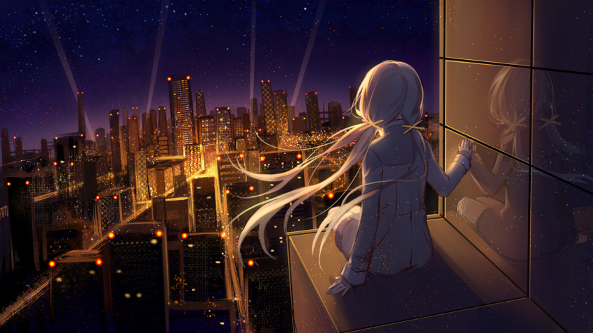 1girl building chinese_commentary city_lights cityscape commentary_request dress dutch_angle from_behind hair_blowing hair_ribbon hand_on_wall highres lavender_hair ledge light_particles light_trail long_hair night night_sky outdoors pos2457564744 quad_tails reflection ribbon searchlight sitting sky skyscraper sleeves_past_wrists solo star_(sky) starry_sky vocaloid white_dress xingchen