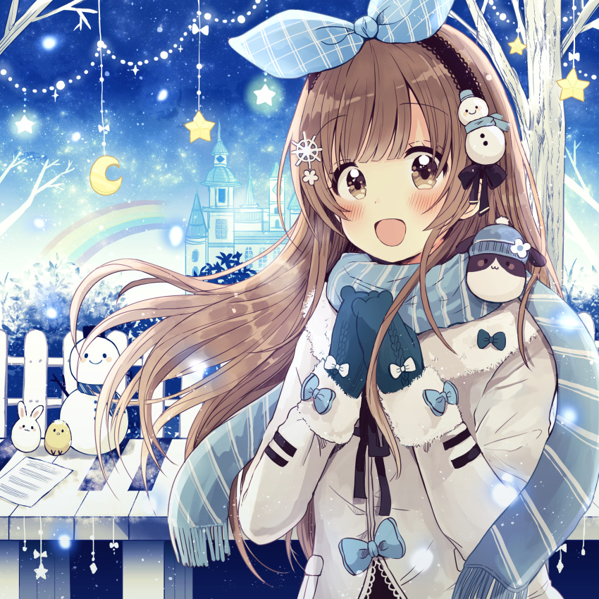 1girl :d absurdres animal bare_tree bird black_hairband black_ribbon blue_bow blue_mittens blue_ribbon blue_scarf blush bow brown_eyes building chick commentary_request crescent fence fur-trimmed_jacket fur-trimmed_mittens fur_trim hair_ribbon hairband hands_up highres jacket light_brown_hair long_hair mittens neck_ribbon open_mouth original own_hands_together rabbit rainbow ribbon sakura_oriko scarf smile snowman snowman_hair_ornament solo star tower tree upper_body very_long_hair white_jacket